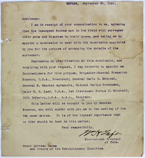 William H. Taft Signed 1906 Letter as Provisional Governor of Cuba with Great Content! (Beckett/BAS)