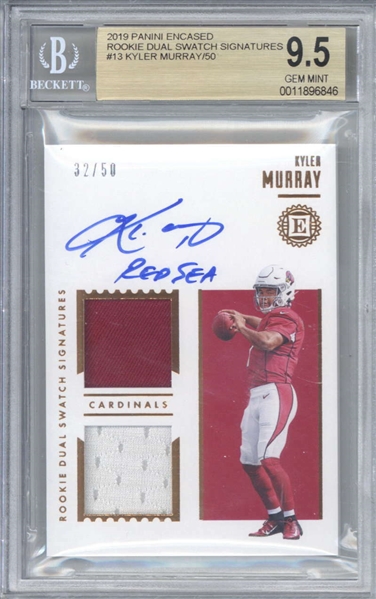 Kyler Murray Signed 2019 Panini Encased Rookie Dual Swatch Signatures Card /50 (Beckett/BGS Graded GEM MINT 9.5 w/ 10 Auto)