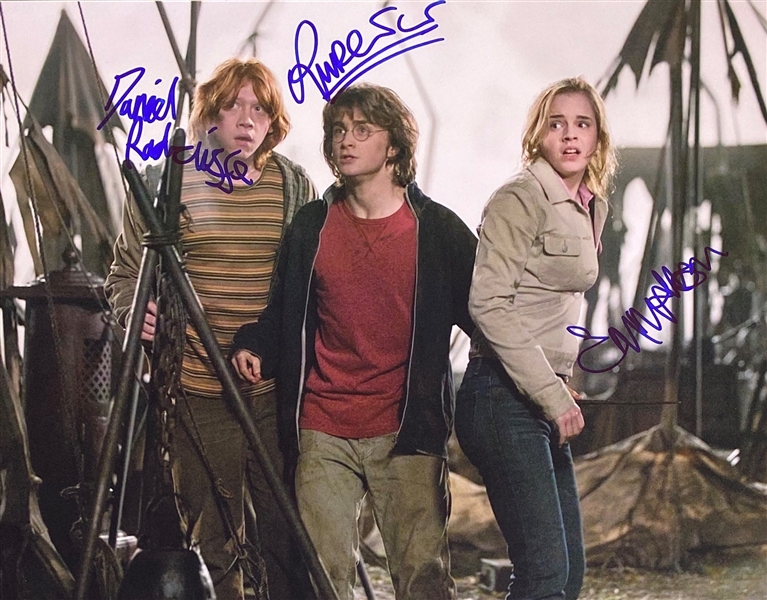 Harry Potter: Daniel Radcliffe, Emma Watson & Ruper Grint Cast Signed 11" x 14" Color Photo (Beckett/BAS Guaranteed)