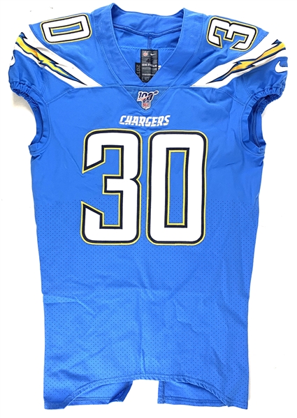 2019 Austin Ekeler Game Used L.A. Chargers Baby Blue Home Jersey :: Multiple Team Repairs :: Sourced Direct from Team (Letter of Provenance)