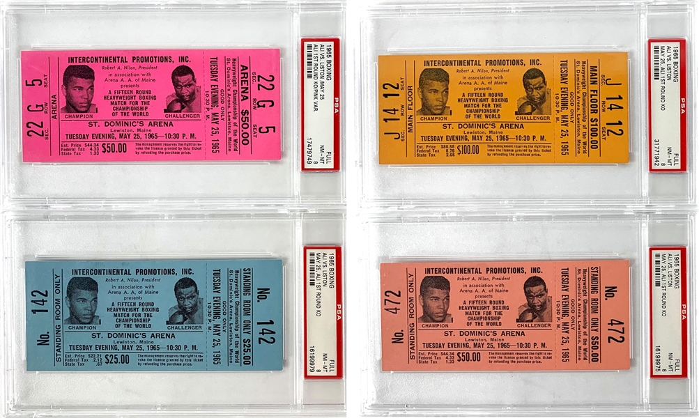 1965 Cassius Clay/Muhammad Ali vs. Sonny Liston II Full Tickets Lot of 4, PSA NM-MT 8!