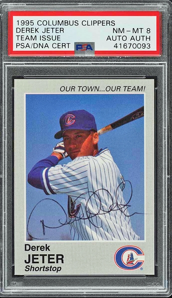 Derek Jeter RARE Signed 1995 Columbus Clippers Team Issued Minor League Trading Card :: PSA Graded NM-MT 8