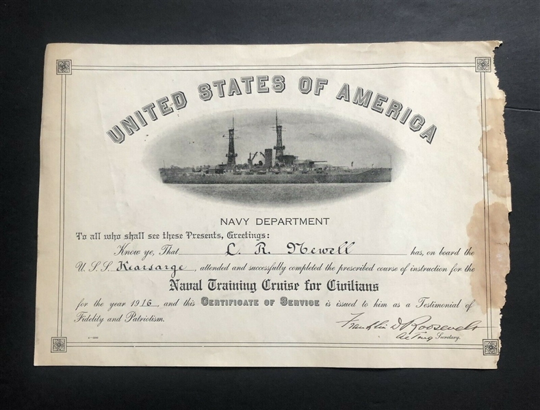 President Franklin Roosevelt Signed 1916 Naval Promotion Document as Acting Secretary of the US Navy (Beckett/BAS Guaranteed)