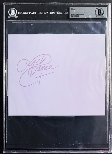 Prince Superb Signed 7.75"" x 6.5" Purple Stationary Sheet :: Signed on His 27th Birthday! (Beckett/BAS Encapsulated, Epperson/REAL LOA & Stachia Fieldler LOA))