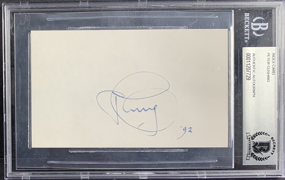 Peter Cushing Superb Signed 3" x 5" Card (Beckett/BAS Encapsulated)