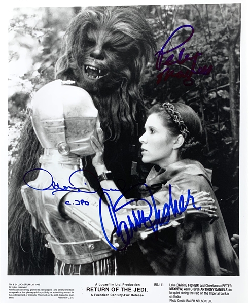 Return of the Jedi: Carrie Fisher, Anthony Daniels & Peter Mayhew Signed 8" x 10" B&W Promotional Photo (Steve Grad Collection)(Beckett/BAS Guaranteed)
