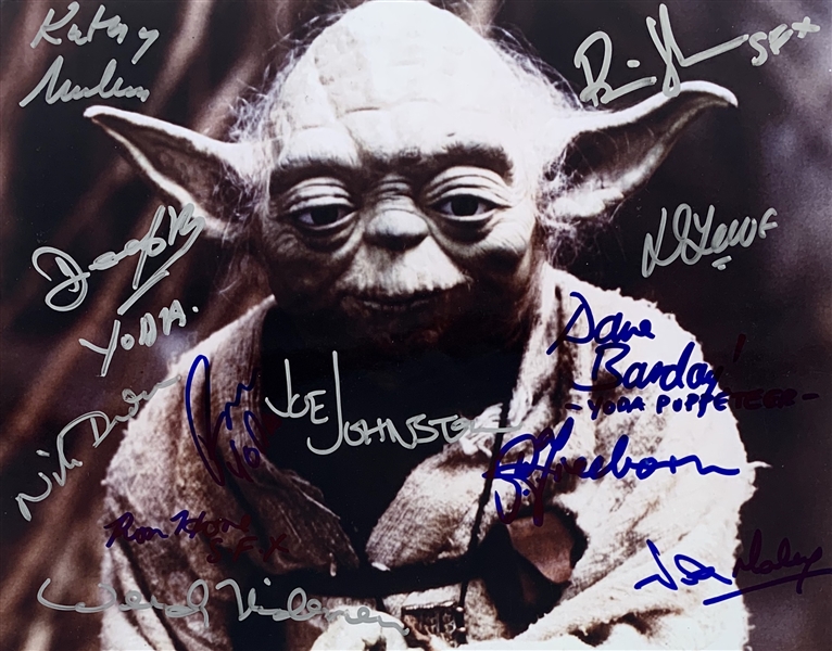 Yoda: Crew & Creators Multi-Signed 8" x 10" Color Photo w/Freeborn, Johnston,etc. (12 Sigs)(Steve Grad Collection)(Beckett/BAS Guaranteed)