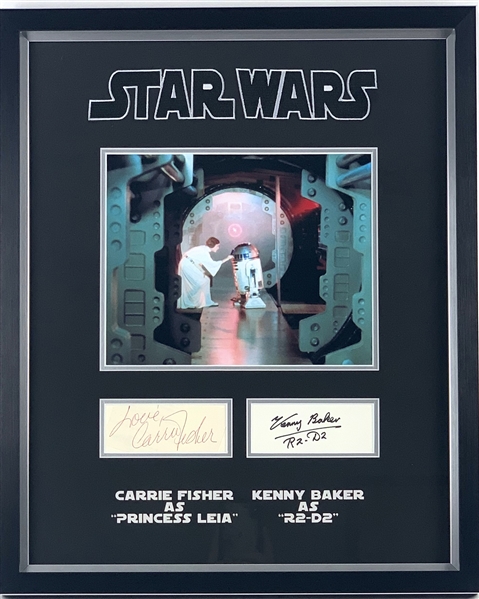 Star Wars: Carrie Fisher & Kenny Baker Signed Cuts in Beautiful Custom Framed Display (Beckett/BAS & SGC)