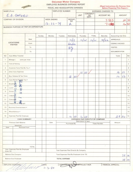 John DeLorean Signed DeLorean Motor Company 1980 Expense Report (JSA)