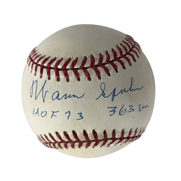 Warren Spahn Signed & "HOF 73, 363 Win" Inscribed ONL Baseball (Beckett/BAS Guaranteed)