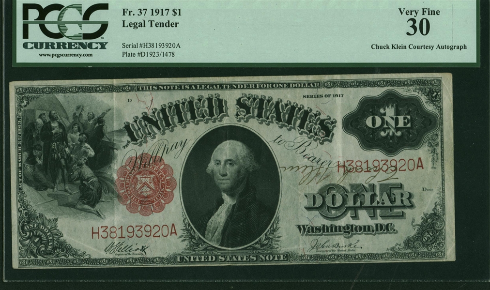 Ultra-Rare Chuck Klein Signed 1917 Fr. 37 1 Dollar Bill (PSA/DNA & PCGS)