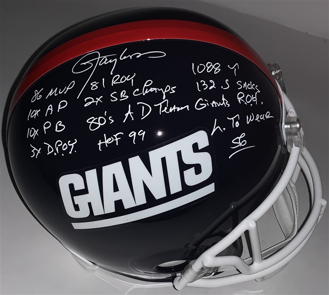 Lawrence Taylor Impressive Signed & Career Stat Inscribed New York Giants Full Size Replica Helmet (JSA)