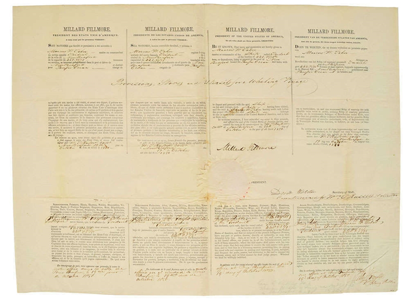 Millard Fillmore & Daniel Webster Rare Dual-Signed 1850 Four Language Ships Papers (Beckett/BAS)