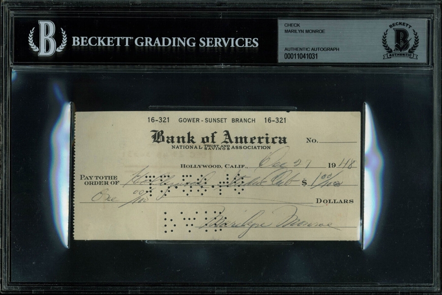 Marilyn Monroe Scarce Handwritten & Signed Early Bank Check (1948)(Beckett/BAS Encapsulated)
