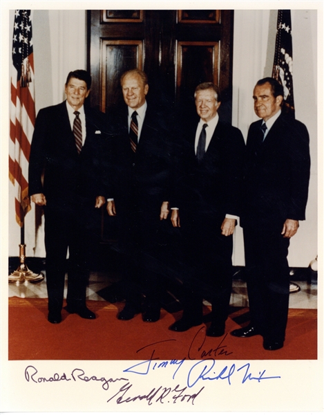 Four Presidents Group Signed 8" x 10" Color Photograph w/ Reagan, Nixon, Ford & Carter! (PSA/DNA)