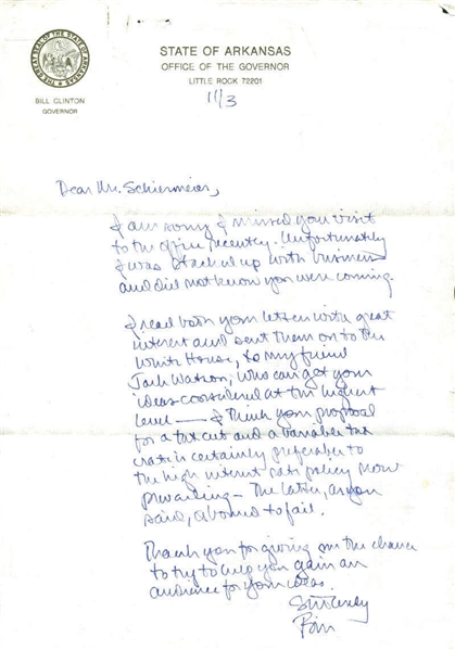 President Bill Clinton Vintage Signed & Hand Written Letter As Governor of Arkansas! (Beckett/BAS)