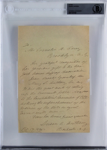 Womens Suffrage: Susan B. Anthony Handwritten & Signed 1895 Letter (Beckett/BAS Encapsulated)