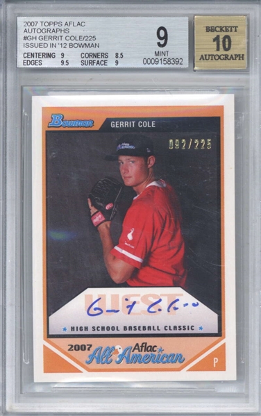 Gerrit Cole Signed 2007 Topps AFLAC Prospect /225 Rookie Card - Beckett/BGS MINT 9 w/ 10 Autograph!