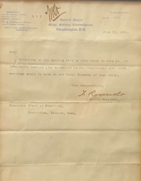 Theodore Roosevelt Signed EARLY 1894 Typed Letter (Beckett/BAS)