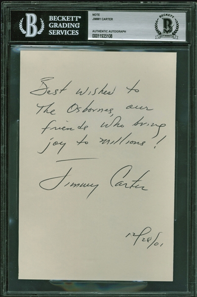 President Jimmy Carter Handwritten & Signed Note Dedicated to The Osbournes (Beckett/BAS Guaranteed)