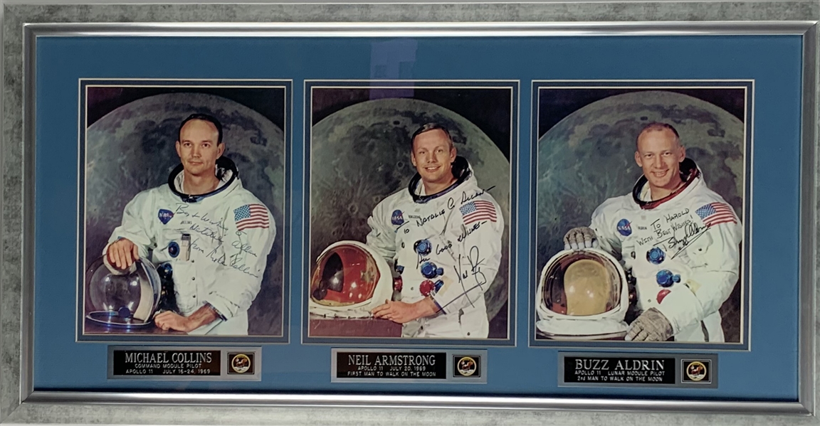 Apollo 11 Crew Signed 8" x 10" Display w/ Armstrong, Collins & Aldrin! (Zarelli & Beckett/BAS Guaranteed)