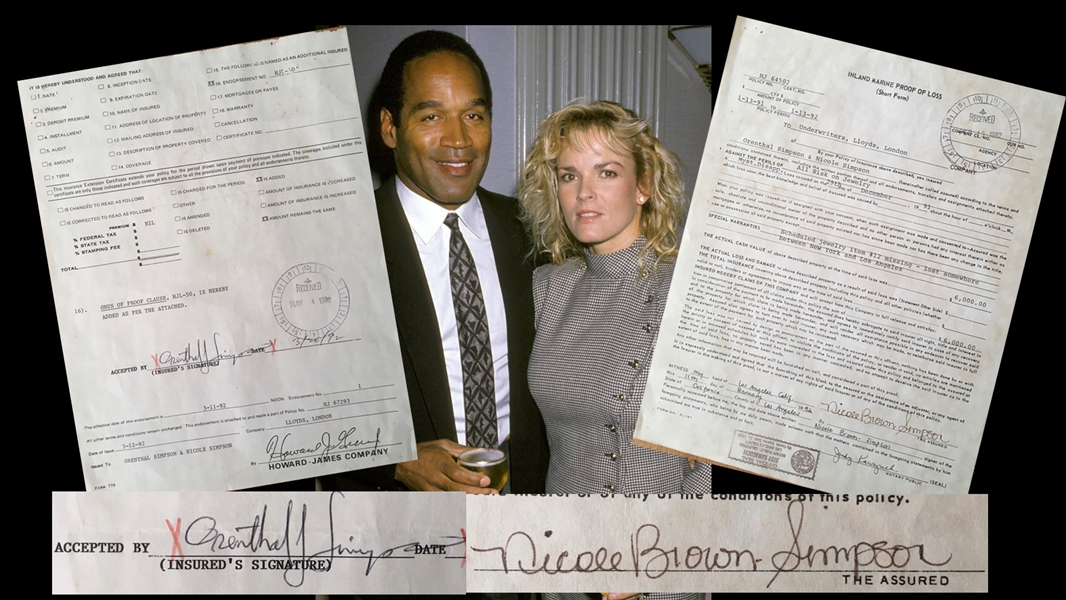 OJ Simpson & Nicole Brown-Simpson Rare Signed Insurance Document Set :: Includes Rare Full OJ Autograph (Beckett/BAS Guaranteed)