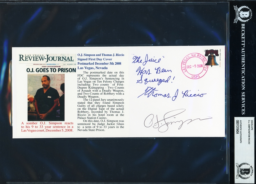 The Las Vegas Incident: O.J. Simpson & Tom Riccio Dual Signed Commemorative Envelope :: Postmarked the Day OJ Was Convicted! (Beckett/BAS Encapsulated)