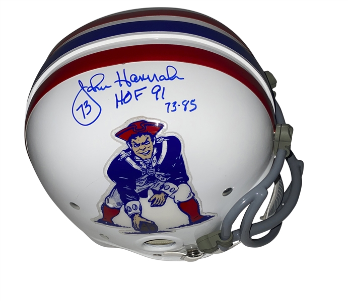 John Hannah Signed & Inscribed New England Patriots Suspension Helmet (Panini) 