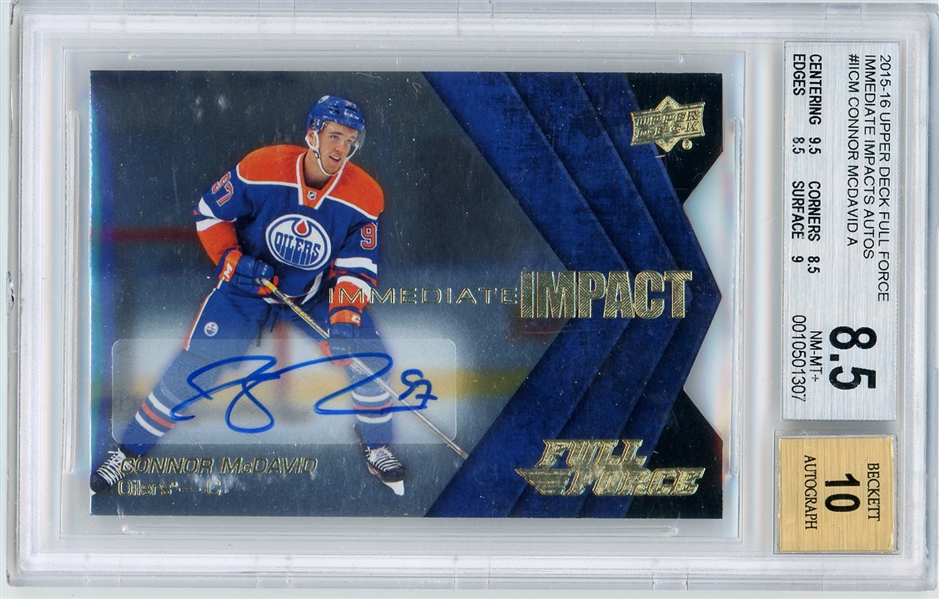 2015 Connor McDavid UD Full Force Immediate Impacts Die-Cut Autographed Rookie Card :: BGS Graded 8.5 NM-MT+ with GEM MINT 10 Auto!