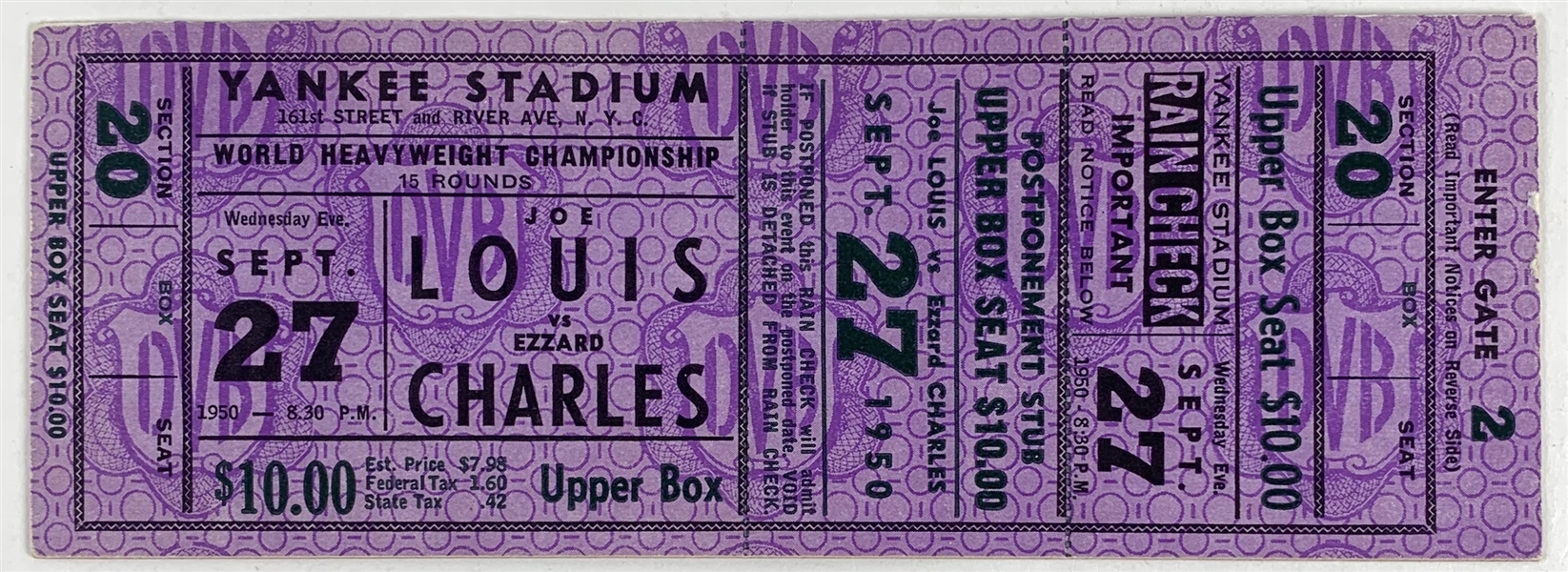 Joe Louis vs. Ezzard Charles Original Full On-Site Ticket :: 9/27/1950 @ Yankee Stadium