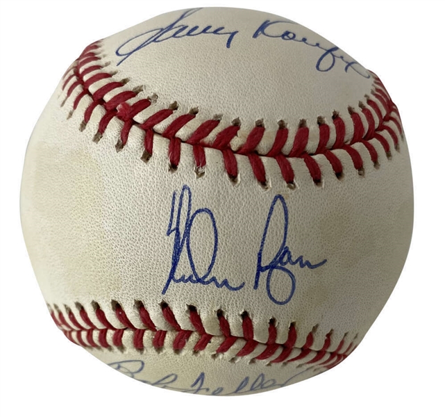 Lot Detail Nolan Ryan Bob Feller And Sandy Koufax Multi Signed Oal Baseball Beckettbas 7209