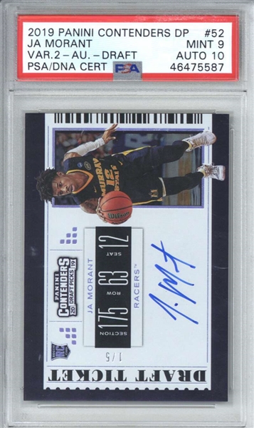 Ja Morant Signed 2019 Panini Contenders DP Draft Ticket #52 /5 Rookie Card (PSA Graded 9 w/ 10 Auto)