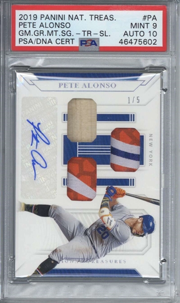 Pete Alonso Signed 2019 Panini National Treasures Relics Silver /5 Rookie Card (PSA Graded 9 w/ 10 Auto)