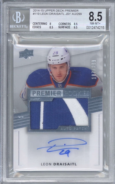 Leon Draisaitl Signed 2014-15 Upper Deck Premier Jersey #119 /299 Rookie Card (Beckett/BGS Graded 8.5 w/ 10 Auto)