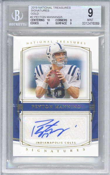 Peyton Manning Signed 2019 Panini National Treasures Gold #2 /5 Trading Card (Beckett/BGS Graded 9 w/ 10 Auto)