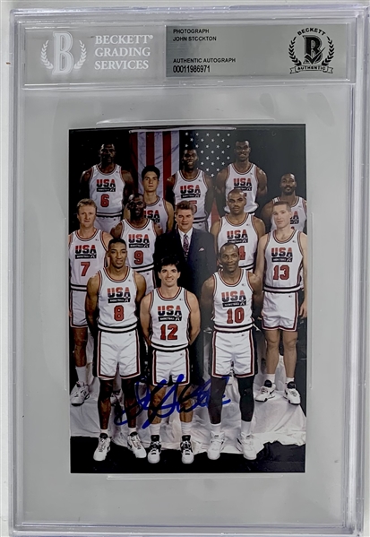 John Stockton Signed 4" x 6" Color "Dream Team" Team Photo (Beckett/BAS Encapsulated)