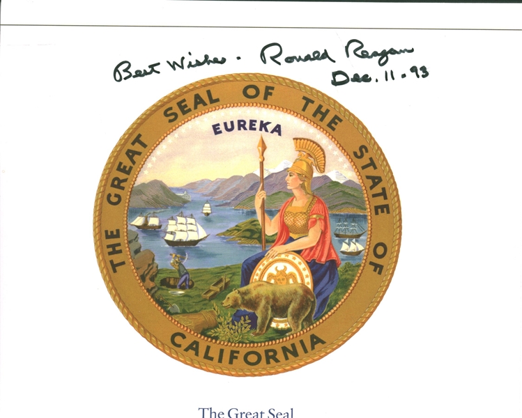 Ronald Reagan Signed 7.5" x 6.25" Great Seal of California Color Photograph (JSA)