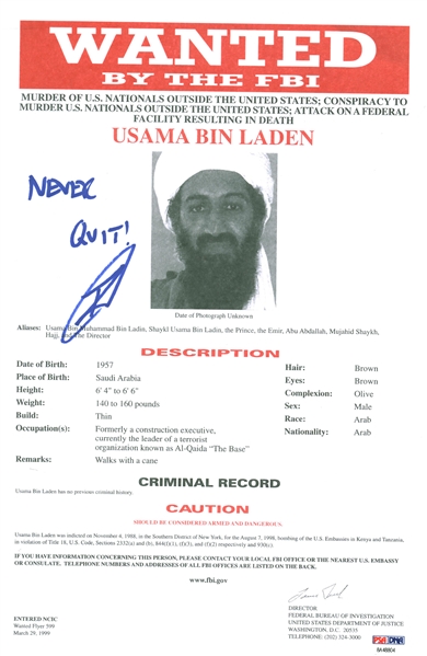 Robert ONeill Signed F.B.I. Osama Bin Laden WANTED Poster w/ "Never Quit" Inscription (PSA/DNA)