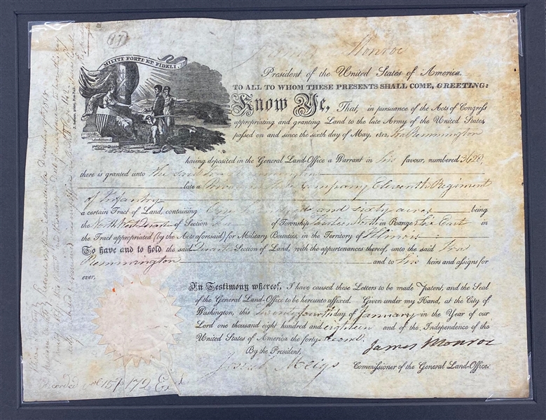 President James Monroe 12.5” x 9.5” Signed 1818 Land Grant Document (BAS Guaranteed)