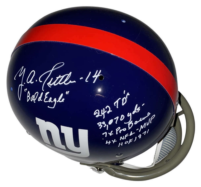 YA Tittle Signed & Stat Inscribed NY Giants Suspension Helmet (PSA/DNA)