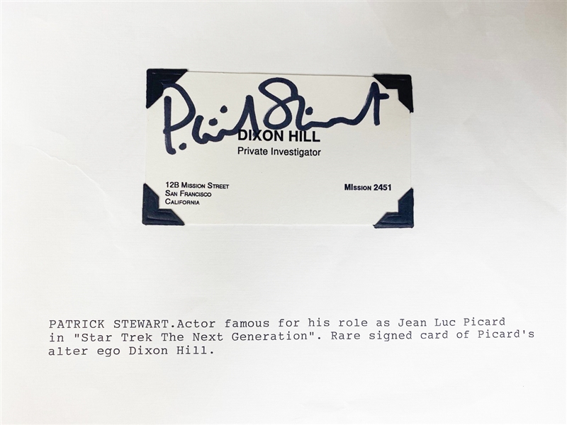 Patrick Stewart signed Star Trek TNG Dixon Hill replica prop business card (Beckett/BAS Guaranteed)