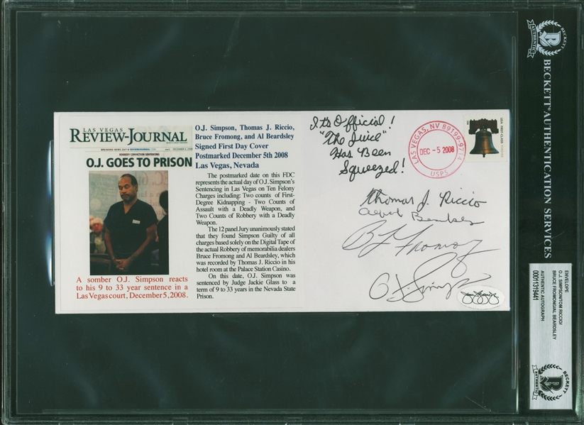 The Las Vegas Incident: O.J. Simpson, Tom Riccio, Al Beardsley & Bruce Fromong Signed Commemorative Envelope :: Postmarked the Day OJ Was Convicted! (Beckett/BAS Encapsulated)