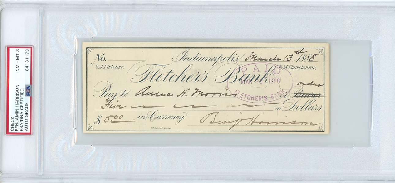 President Benjamin Harrison 7.25” x 2.75” Handwritten & Signed Check (PSA Encapsulated NM-MT 8 Autograph Grade) 
