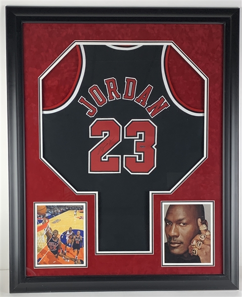 Michael Jordan Signed Chicago Bulls Alternate Black Jersey in Custom Framed Display (UDA COA)