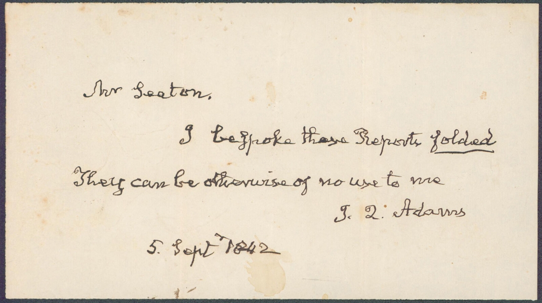 President John Quincy Adams Handwritten & Signed Note from 1842 (JSA LOA)