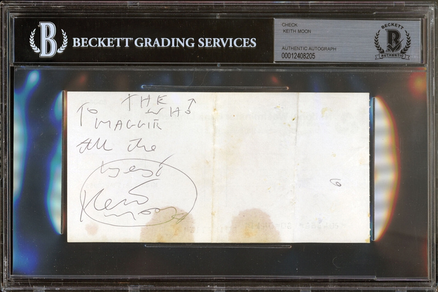 The Who: Keith Moon Signed British Bank Check with "The Who" Inscription (Beckett/BAS Encapsulated)