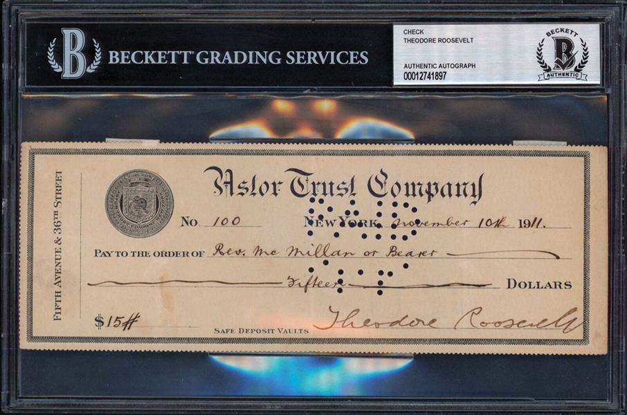 President Theodore Roosevelt Rare Handwritten & Signed Bank Check (Beckett/BAS Encapsulated)