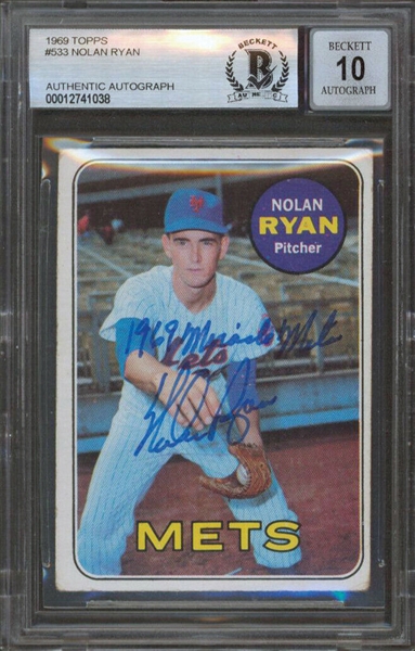Nolan Ryan Signed 1969 Topps #533 Baseball Card with GEM MINT 10 Auto & "69 Miracle Mets" Inscription (BAS)