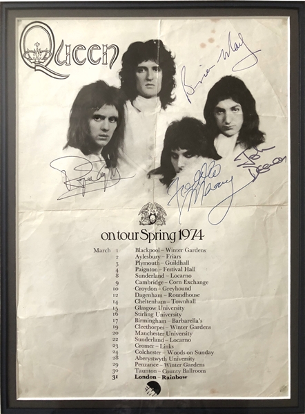 Queen RARE Band Signed 1974 Tour Flyer with Superb Early Autographs from "Queen II" Tour (Beckett/BAS Guaranteed)