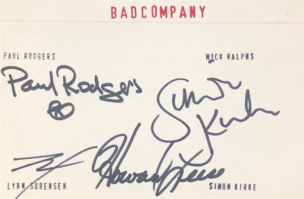 Bad Company: Index Card signed by Paul Rodgers, Mick Ralphs, Lynn Sorensen, and Simon Kirke (Beckett/BAS)